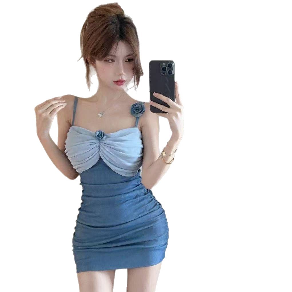 Slimming Pleated Denim Tube-Top Mini Dress with 3D Flower Appliqué, Elastic Sling, Blue One Size - Image 5
