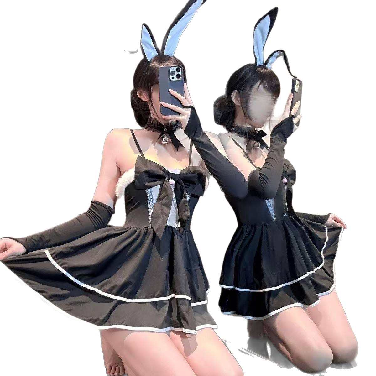 Maid & Bunny Girl Cosplay Lingerie Set with Black Bell Collar, One Size - Image 5
