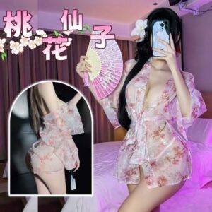 Deep V Sheer Kimono Robe Set with Bronzing Print, Japanese-style Lingerie Bathrobe