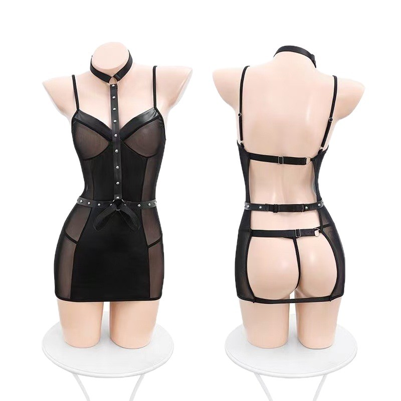Rivet-Detailed Sheer Lingerie Set with Open-Back Design and Bondage Accessories - Image 5
