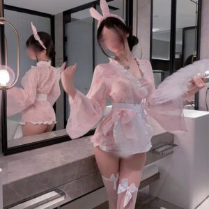 Milk Bunny Maid Uniform Lingerie Set with Rabbit Print and Bowknot Stockings