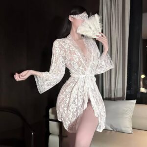 White Lace See-Through Babydoll Nightgown with Waist Belt and Thong, Sheer Polyester Sleepwear, One Size