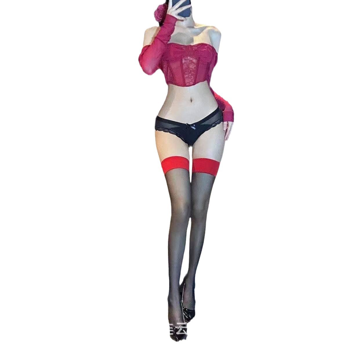 Black Thigh-High Stockings with Red Side Stitching, Thin Polyester Silk-Feel Knee Socks - Image 5