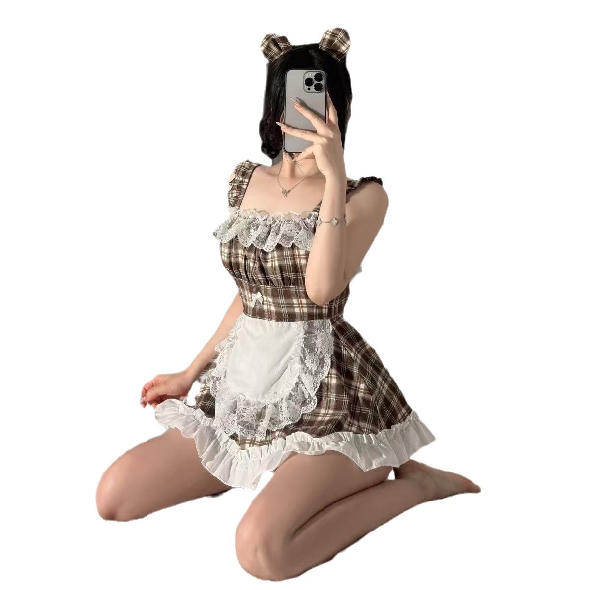 Maid Roleplay Costume Set with Plaid Dress and White Tights, One Size Polyester - Image 5