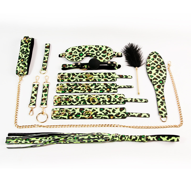 SM Luminous Leopard Print 10-Piece Bondage Kit with Nipple Clamps and Handcuffs - Image 5