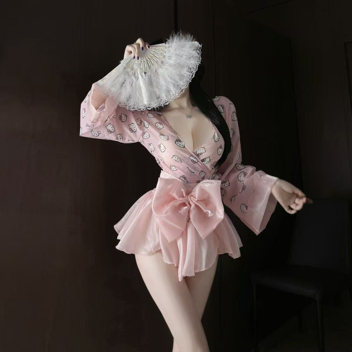 Japanese-Style Kitty Cat Print Kimono Lingerie Set with Bow Tie and Deep V - Image 4