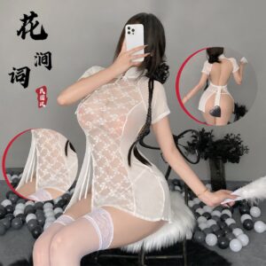 Lace Split Cheongsam Lingerie Set with Sheer Mesh and Stockings