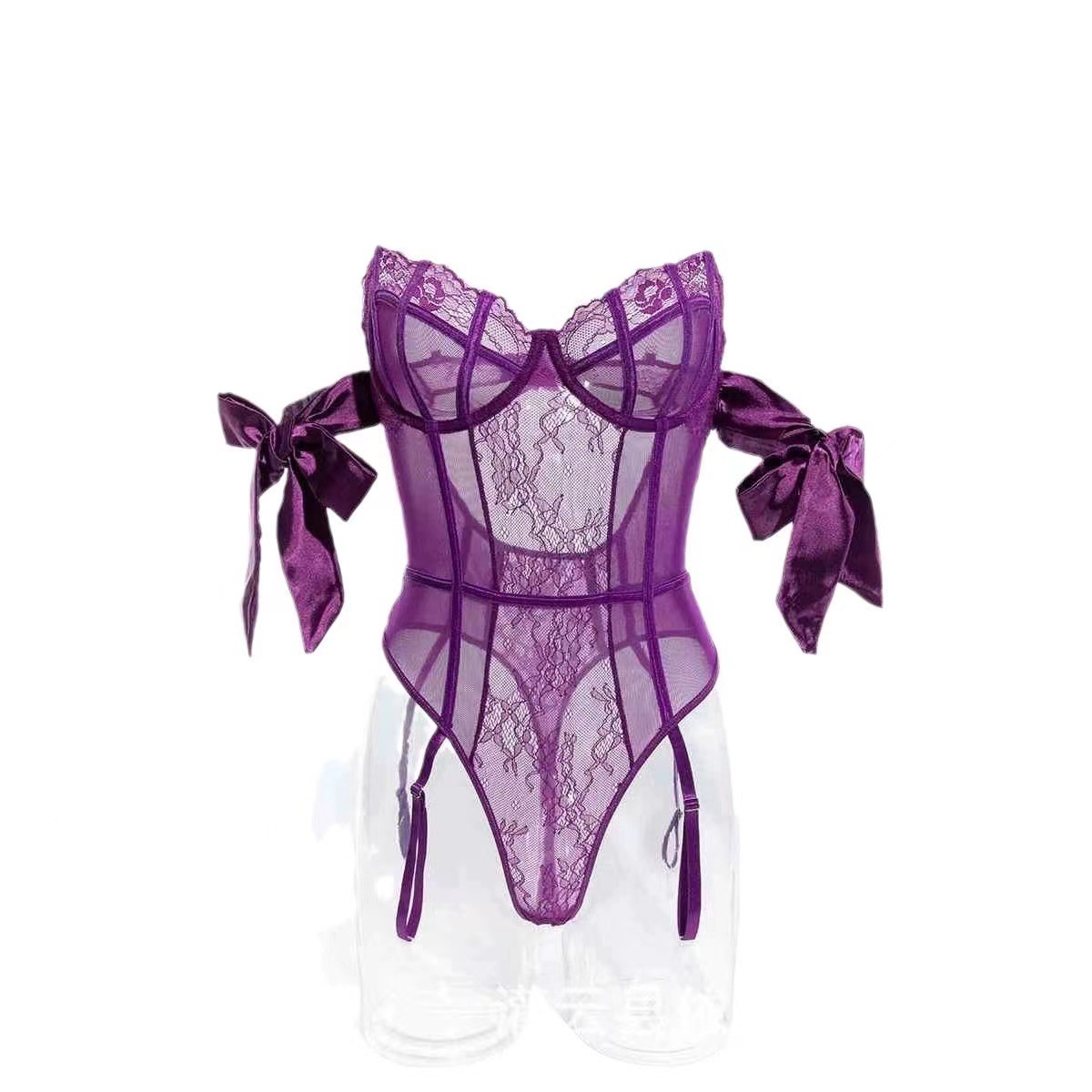 Purple Lace Babydoll Jumpsuit with Matching Stockings, One Size Roleplay Lingerie Set - Image 5