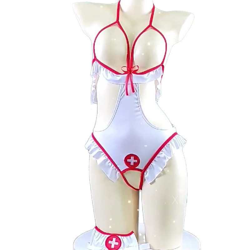 Nurse Role-Play Costume Set with Open Jumpsuit, Headpiece and Black Stockings - Image 5