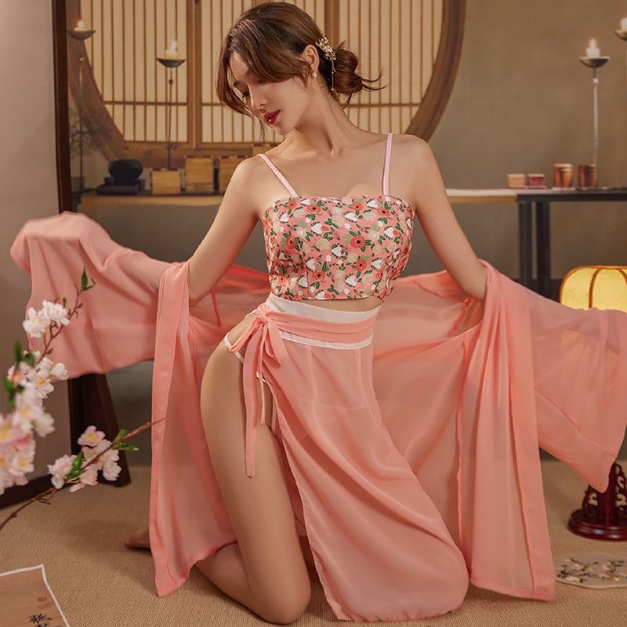 Vintage Hanfu-Style Maid Costume Set with Chiffon Robe, Tube Top, Skirt and Panties - Image 3
