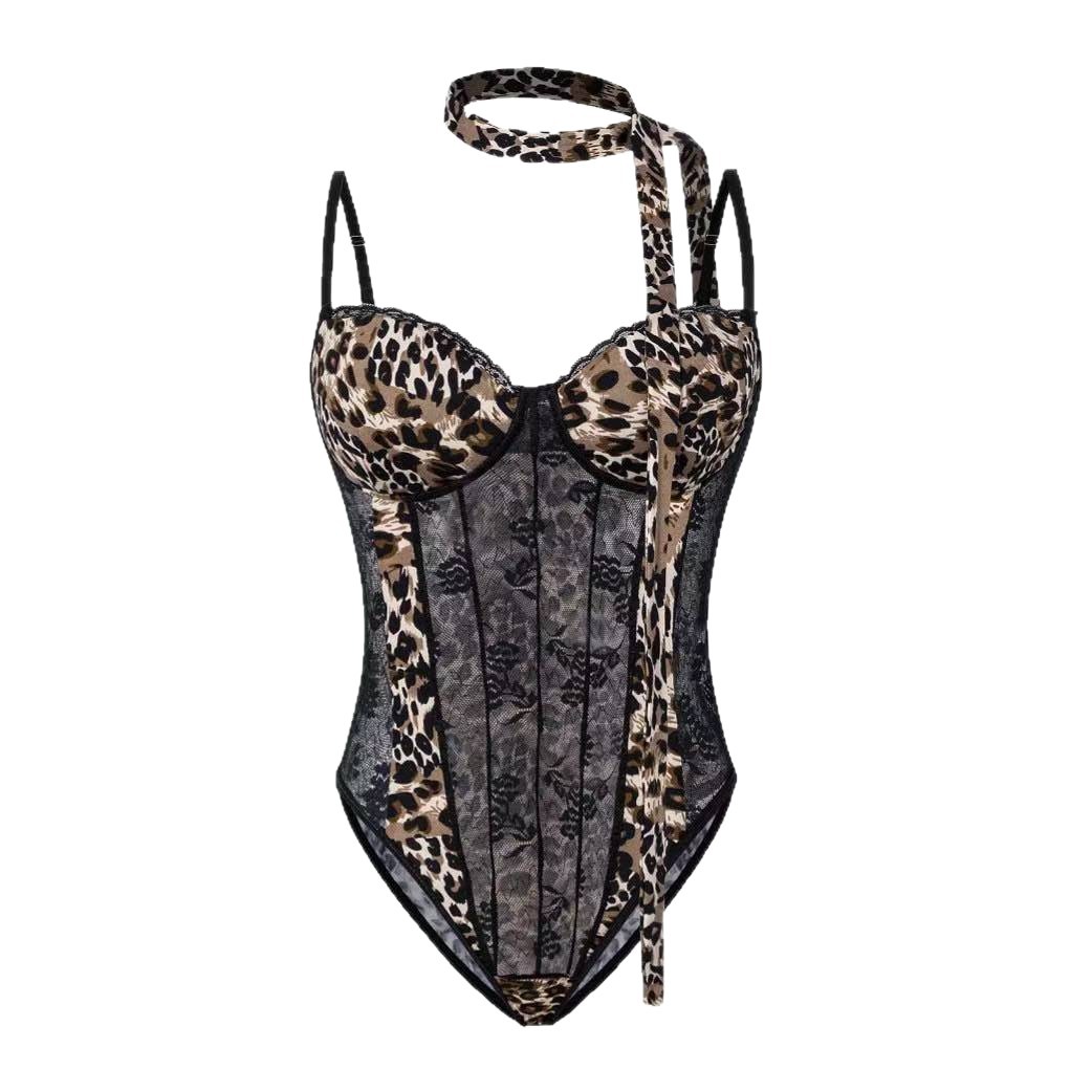 Leopard Print Mesh One-Piece Camisole with Fishbone Tube Top, Sexy American-Style Summer Bodysuit for Women - Image 5