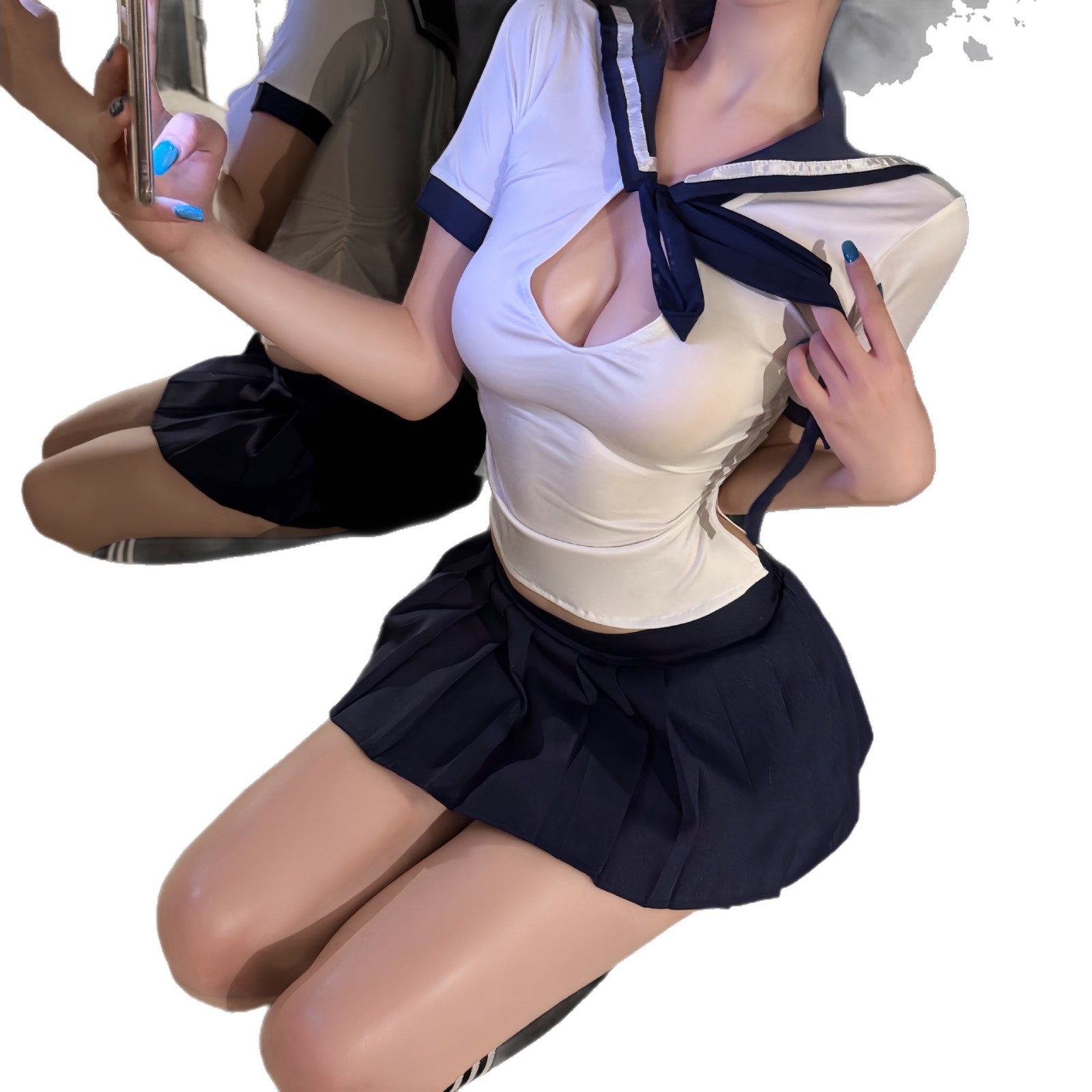 JK Uniform Maid Costume Set with Sailor Top, Short Skirt, Blindfold and Student Socks - Image 5