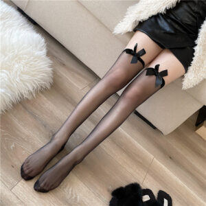 Sheer Black Lace-Top Stockings with Red Bow, Anti-Snag Thin Hosiery