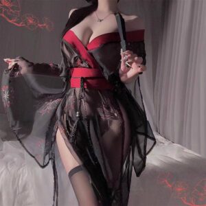 Sexy Kimono-Style Roleplay Lingerie Set with Obi Belt and Panties, Sheer Mesh
