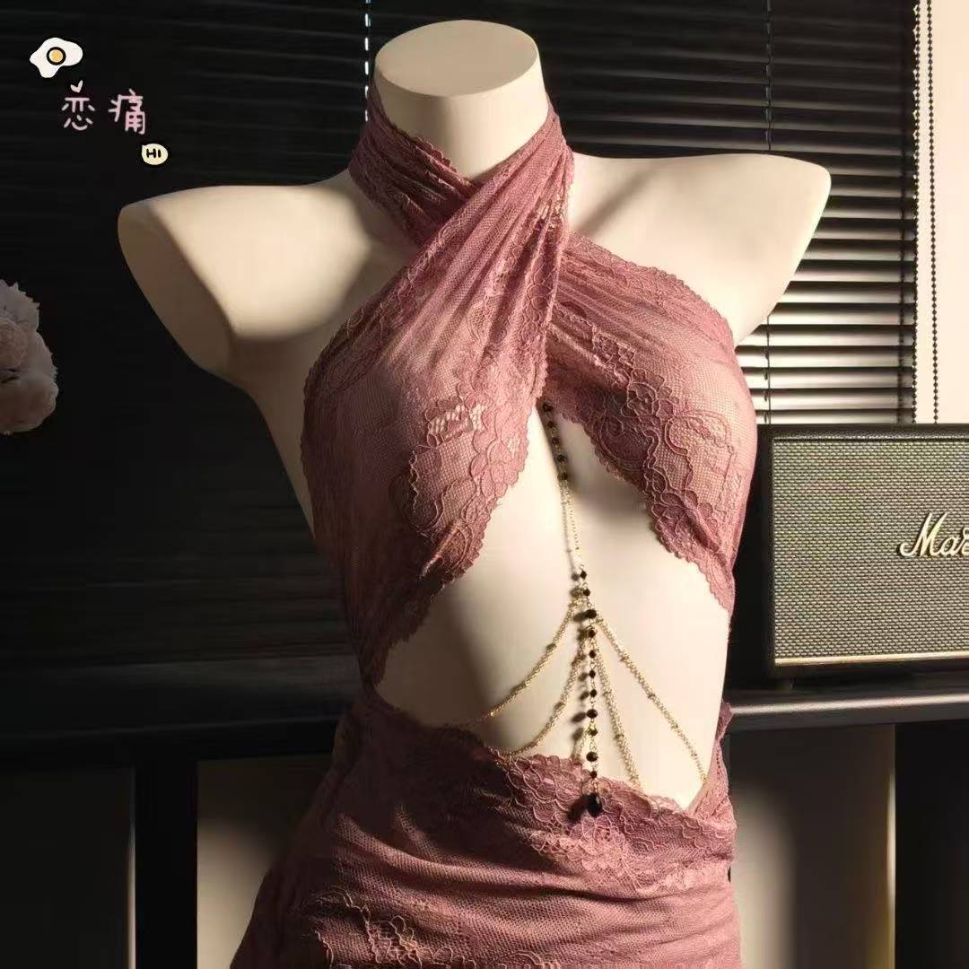 Halter-neck Sheer Lace Bodycon Lingerie Dress with Beaded Chain Detail - Image 2