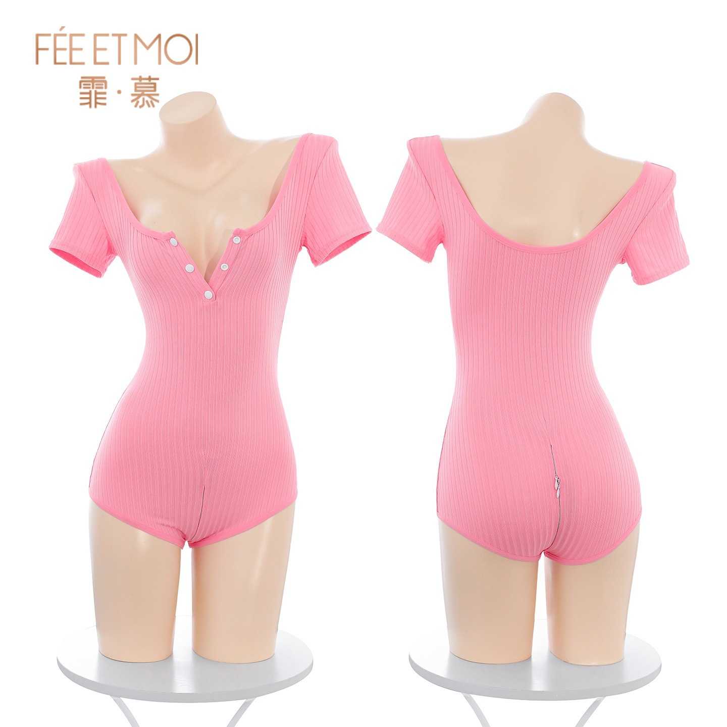 Feimu x Miji Crotchless One-Piece Bodysuit with Blindfold, Low-Cut Button-Up Double-Zipper Design, White - Image 5