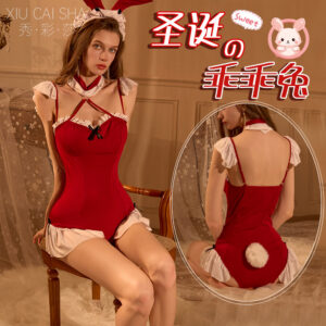 Bunny Girl Christmas Costume Set, Red Polyester Uniform-Style Lingerie, One Size