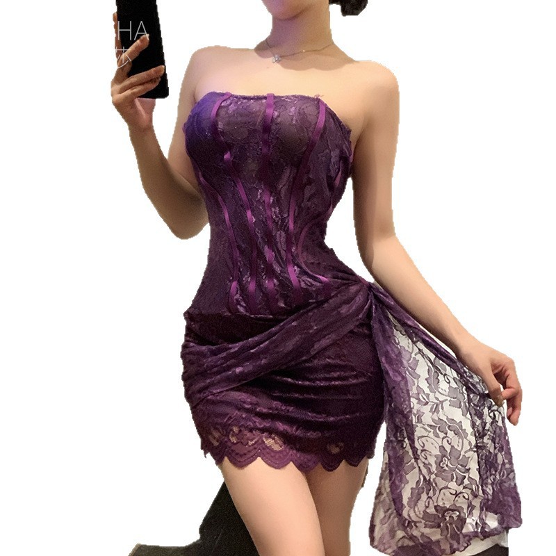 Purple Lace Strapless Tube Top Lingerie Set with Bodycon Skirt for Small Busts - Image 5
