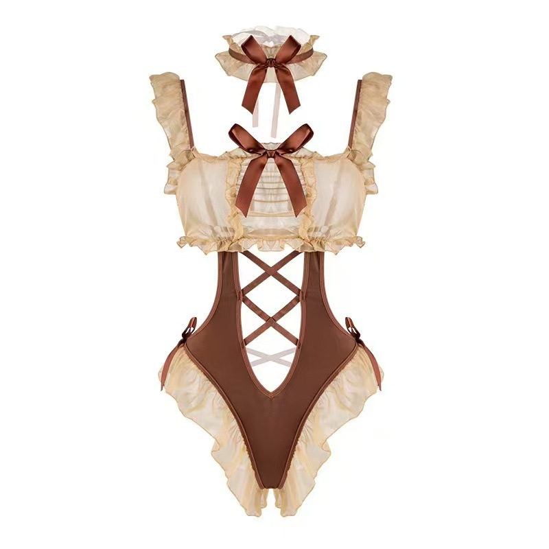 Lace One-Piece Maid Costume with Stockings and Ear Accessory, Polyester Role-Play Set - Image 5