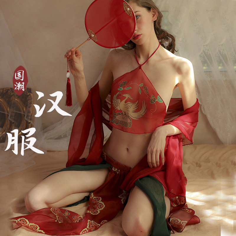Sexy Hanfu Bellyband Nightgown Set with Shawl, Mesh Skirt and Thong - Image 2