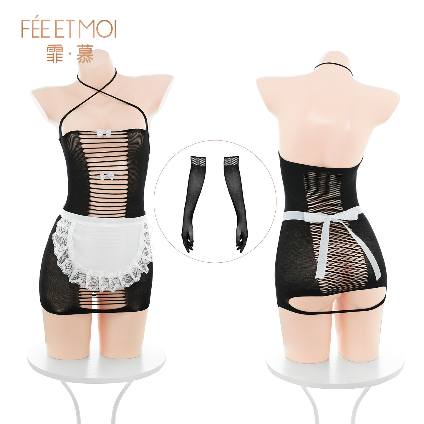 Feimu Maid Mesh Lingerie Set with Apron and Gloves, Sheer Open-Chest Costume - Image 5