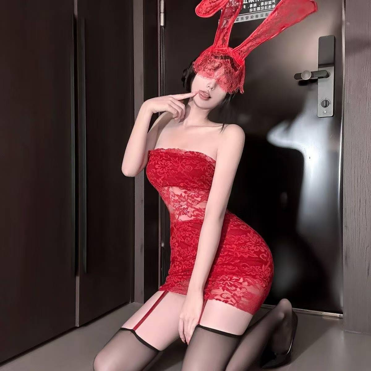Retro Lace One-Shoulder See-Through Babydoll Dress with Garters and Veil Ears - Image 4