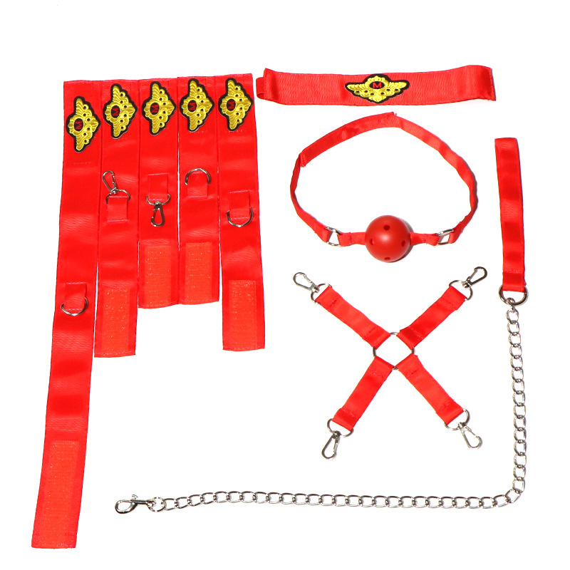 SM Seven-Piece Adult Couple Play Set with Handcuffs, Ball Gag, Whip, Nipple Clamps, Candle and Sheet - Image 3