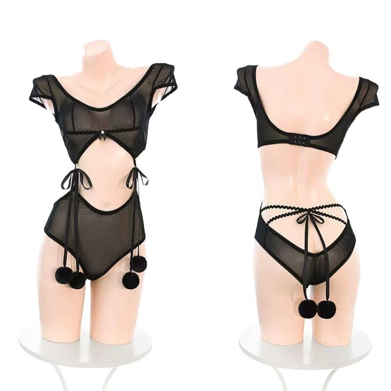 Bunny Girl Bodysuit Costume Set with Ears and White Stockings, Grey Sheer Polyester - Image 5