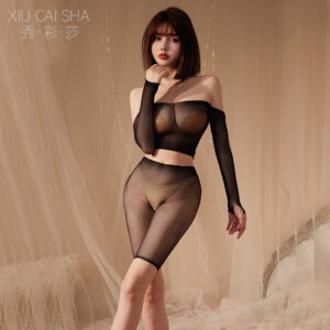 One-Shoulder See-Through Lace Bodysuit for Women, Long-Sleeved Black Intimate Apparel