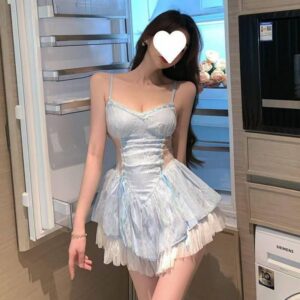 Lolita Lace Mesh Sling Dress Slim-Fit Roleplay Costume in Sky Blue
