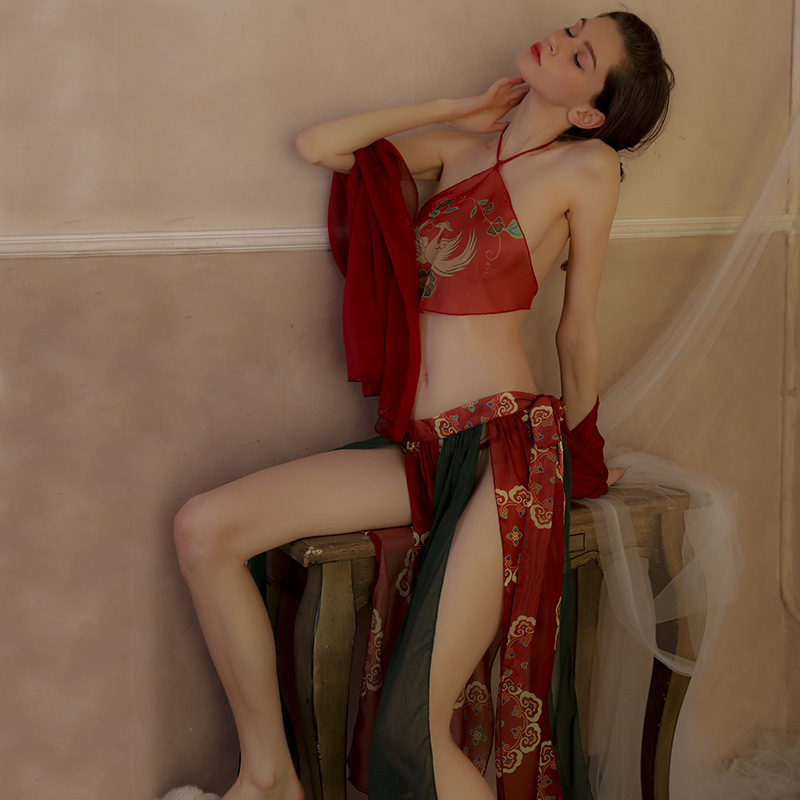 Sexy Hanfu Bellyband Nightgown Set with Shawl, Mesh Skirt and Thong - Image 3