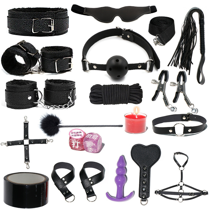 SM Bondage Kit with Handcuffs, Leather Whip and Anal Plug, Black Adult Set - Image 2