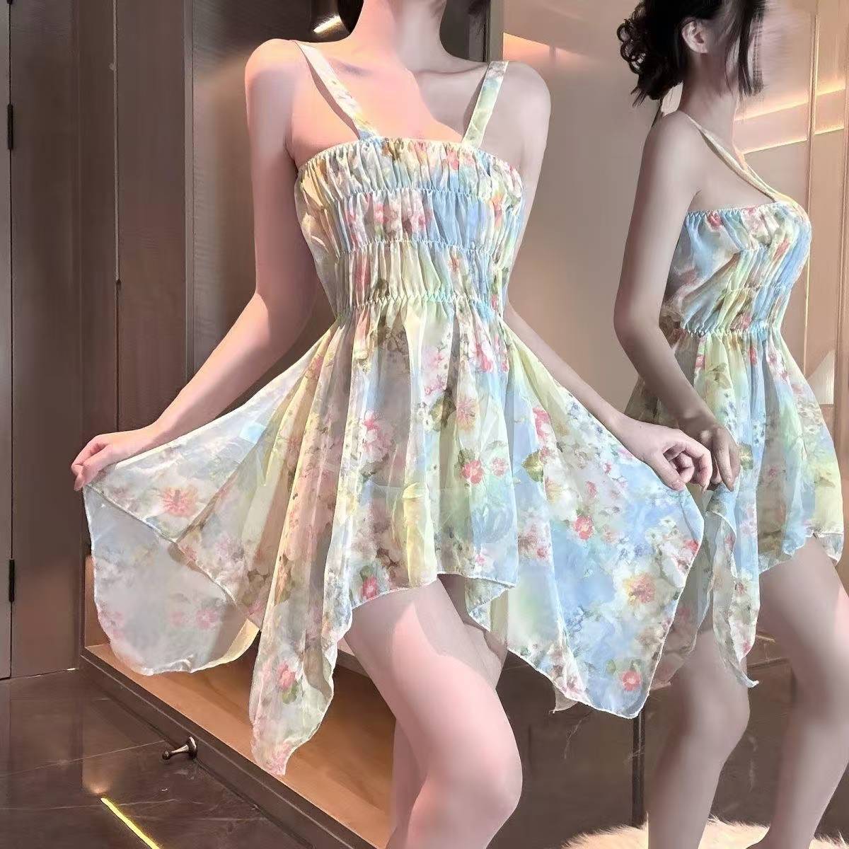 Floral Print Suspender Dress with Bow, French Beach Vacation Style, Summer Women's Long Dress - Image 2