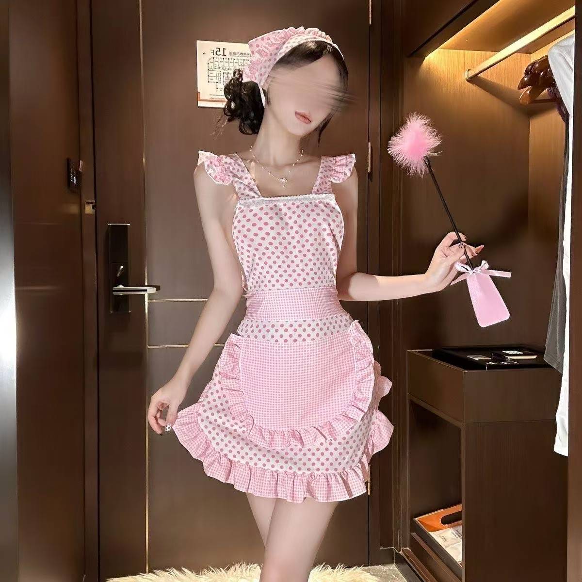 Pink Polka Dot Maid Apron Set with Headscarf, Sheer Polyester Roleplay Uniform - Image 2