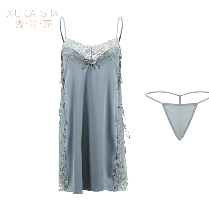 Imitation Silk Slit Babydoll Nightgown with Shoulder Straps, Backless Plus-Size Blue Set - Image 5