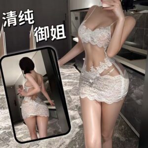 Lace Open-Crotch Maid Jumpsuit, See-Through Mesh Lingerie, Purple One Size