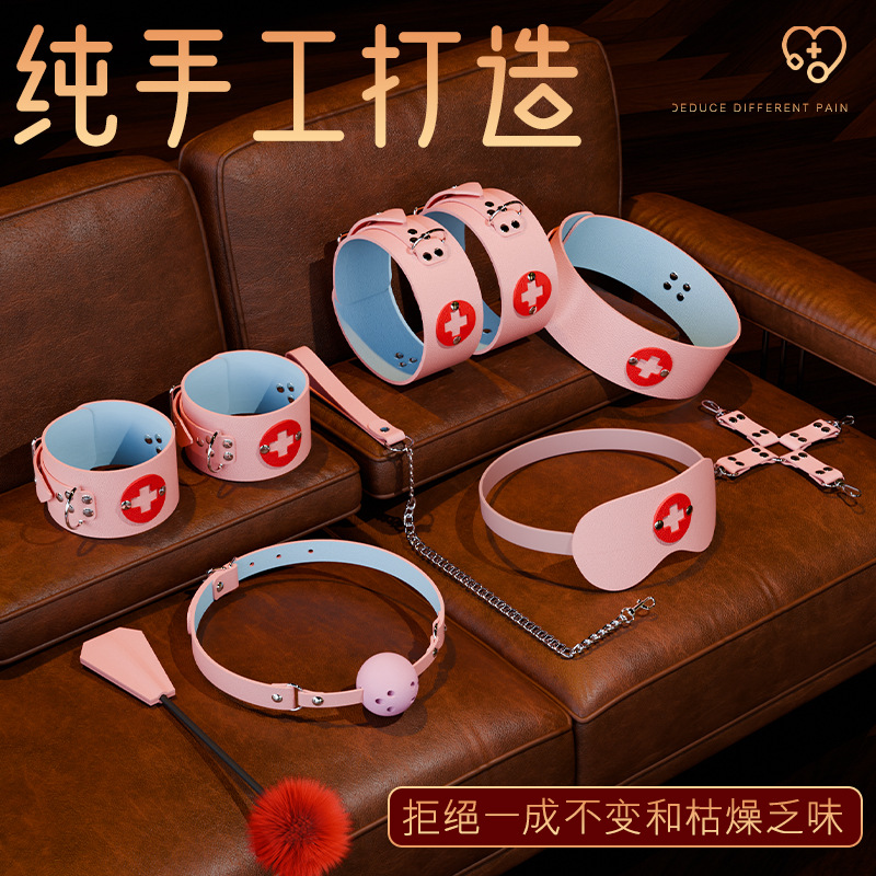SM Bondage Restraint Set with Metal and Leather Hand and Foot Cuffs, Pink - Image 4