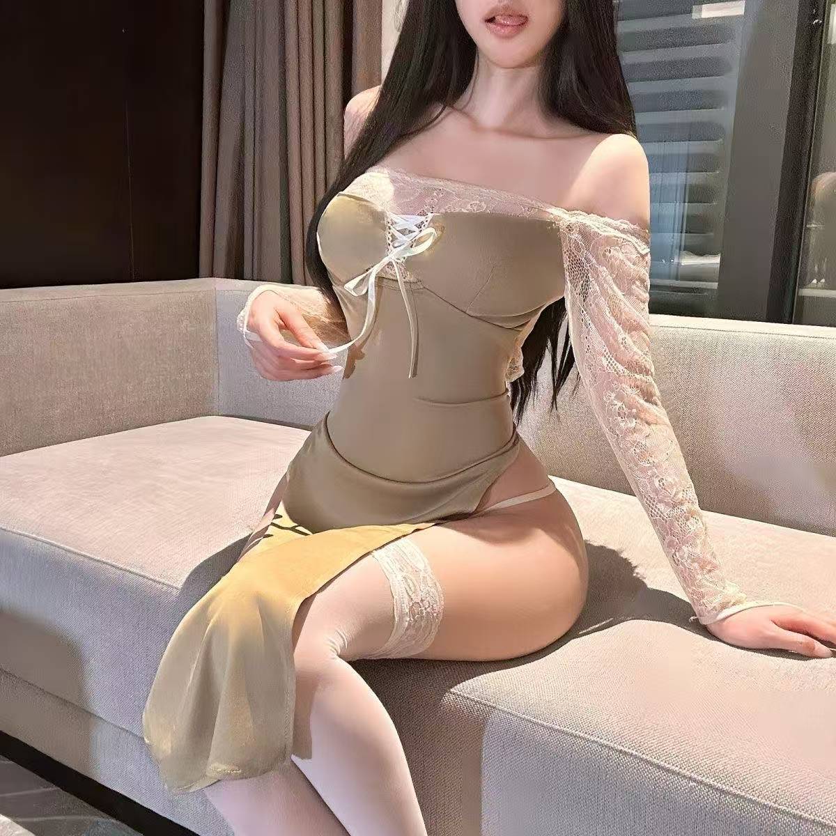 Purely Erotic Tube Top Backless Lingerie Dress with White Connectors Stockings, Apricot-Card Color, One Size - Image 4