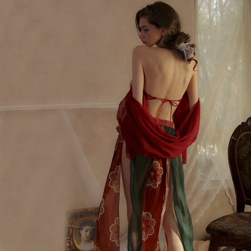 Sexy Hanfu Bellyband Nightgown Set with Shawl, Mesh Skirt and Thong - Image 4