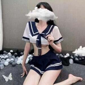 College-Style Roleplay Uniform Set with Navy Collar Miniskirt and Student Socks