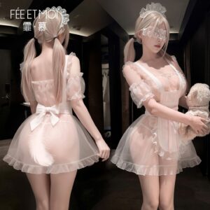 Feimu Maid Roleplay Lingerie Set with Bowknot Lace, Sheer Dress, Apron and Eye Mask