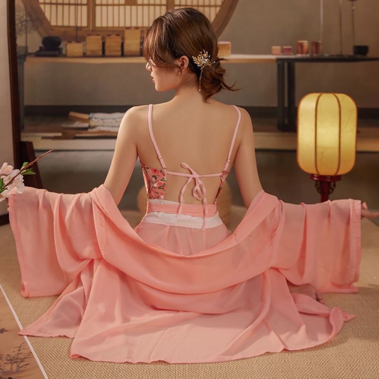 Vintage Hanfu-Style Maid Costume Set with Chiffon Robe, Tube Top, Skirt and Panties - Image 4