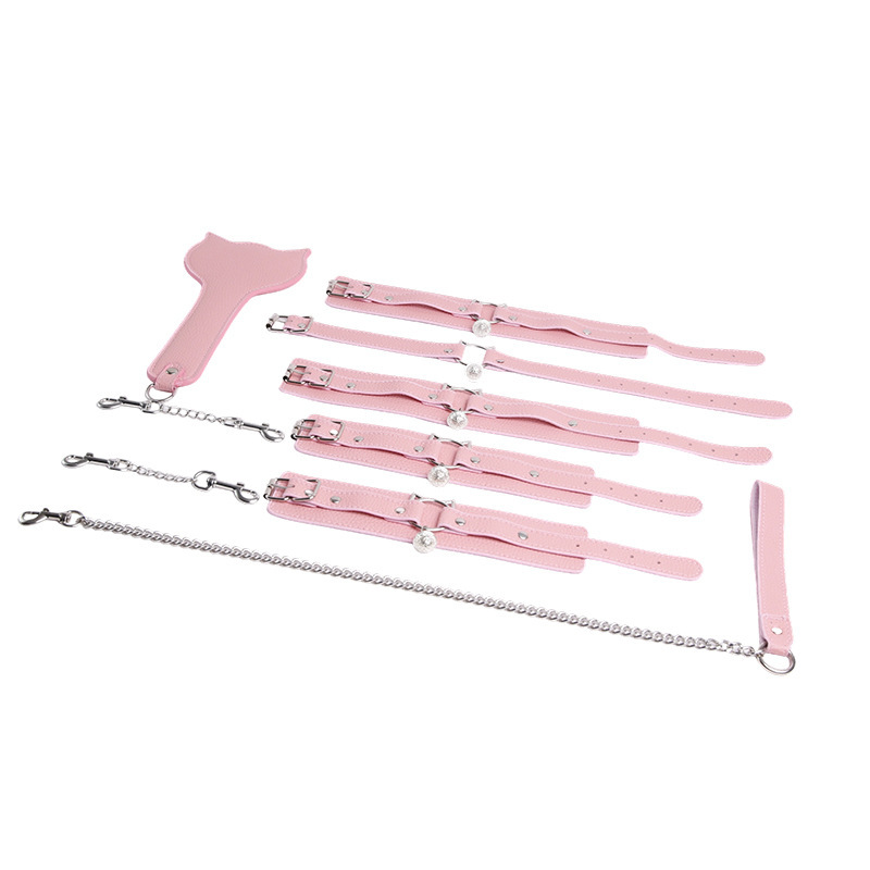 SM Sweetheart Cat Five-Piece Bondage Set in Pink and Black Leather and Metal for Couples - Image 5