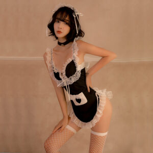 Maid Cosplay Lingerie Set with Headpiece, Choker, Dress and Thong