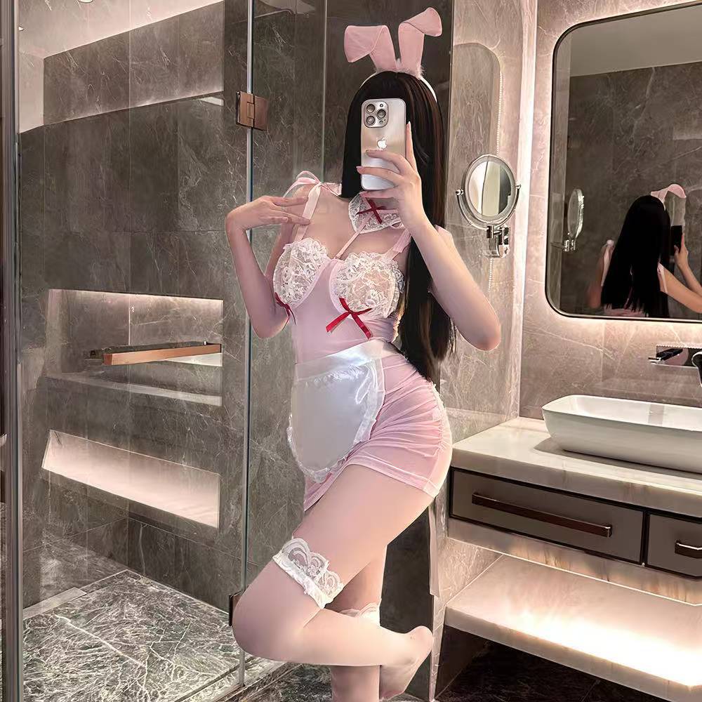 Maid & Bunny Girl Cosplay Lingerie Set with Headband, Apron, Tail and Thong - Image 3