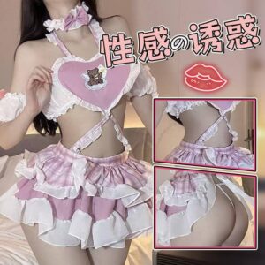 Moe Q Maid Uniform Lingerie Set with White Bodystocking, Chiffon Fabric