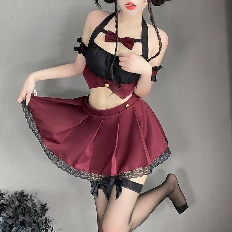 Halter Neck JK Uniform Lingerie Set with Pleated Skirt, Stockings and Ear Accessory - Image 2