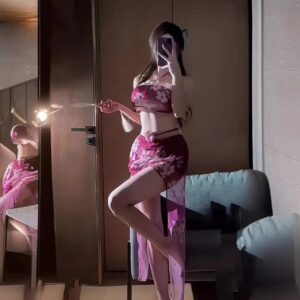 Retro Cheongsam Uniform Lingerie Set with Cut-Out Design, Ultra-Short Hip Skirt, 4-Piece