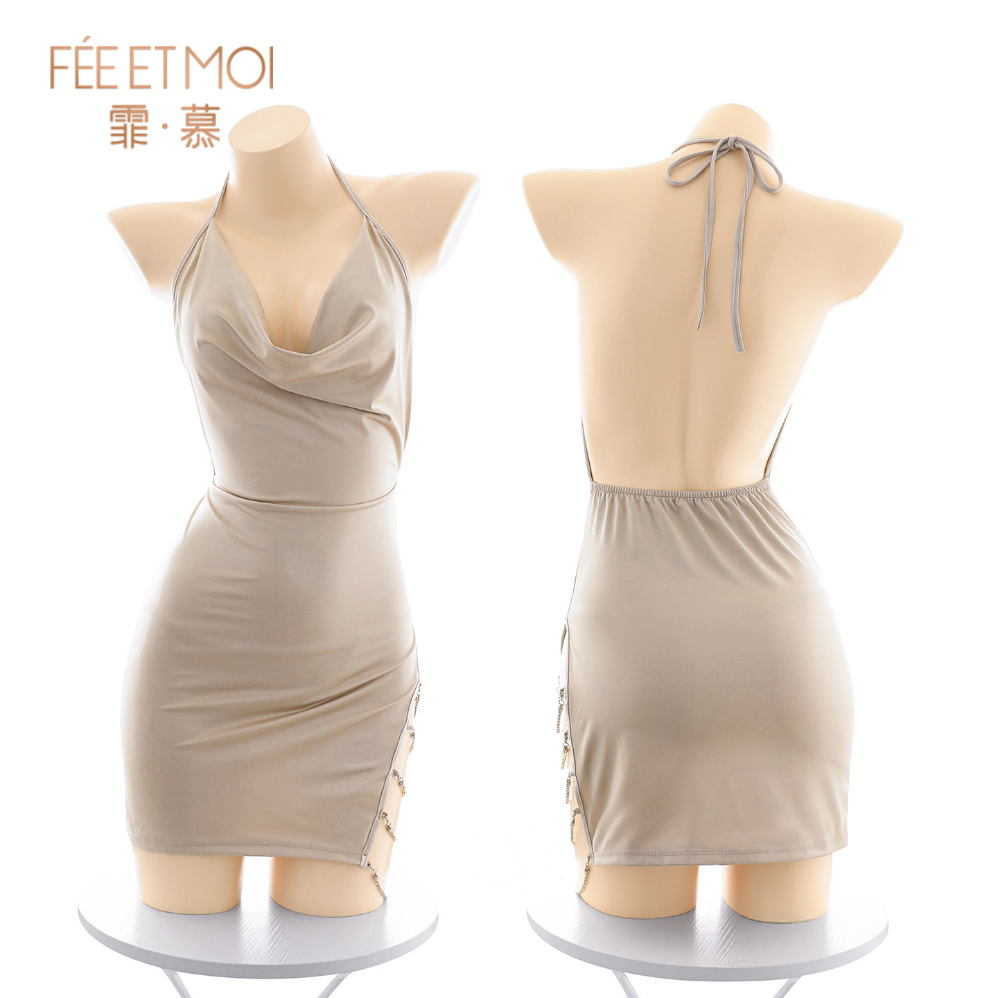 Feimu & Miji Halter Neck Nightdress with Side Slit and Diamond Chain Decoration - Image 5