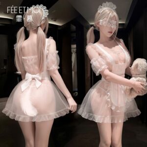 Feimu & Mystery Maid Lingerie Set with Bowknot Lace, See-through Dress, Apron, Thong and Eye Mask